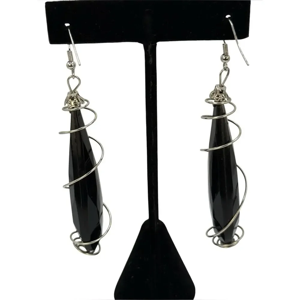 Black Teardrop Spiral Wire Earrings